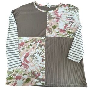 Cato Womens Large NWT Patchwork Tie Dye Ribbed Striped Top Mixed Media Taupe L
